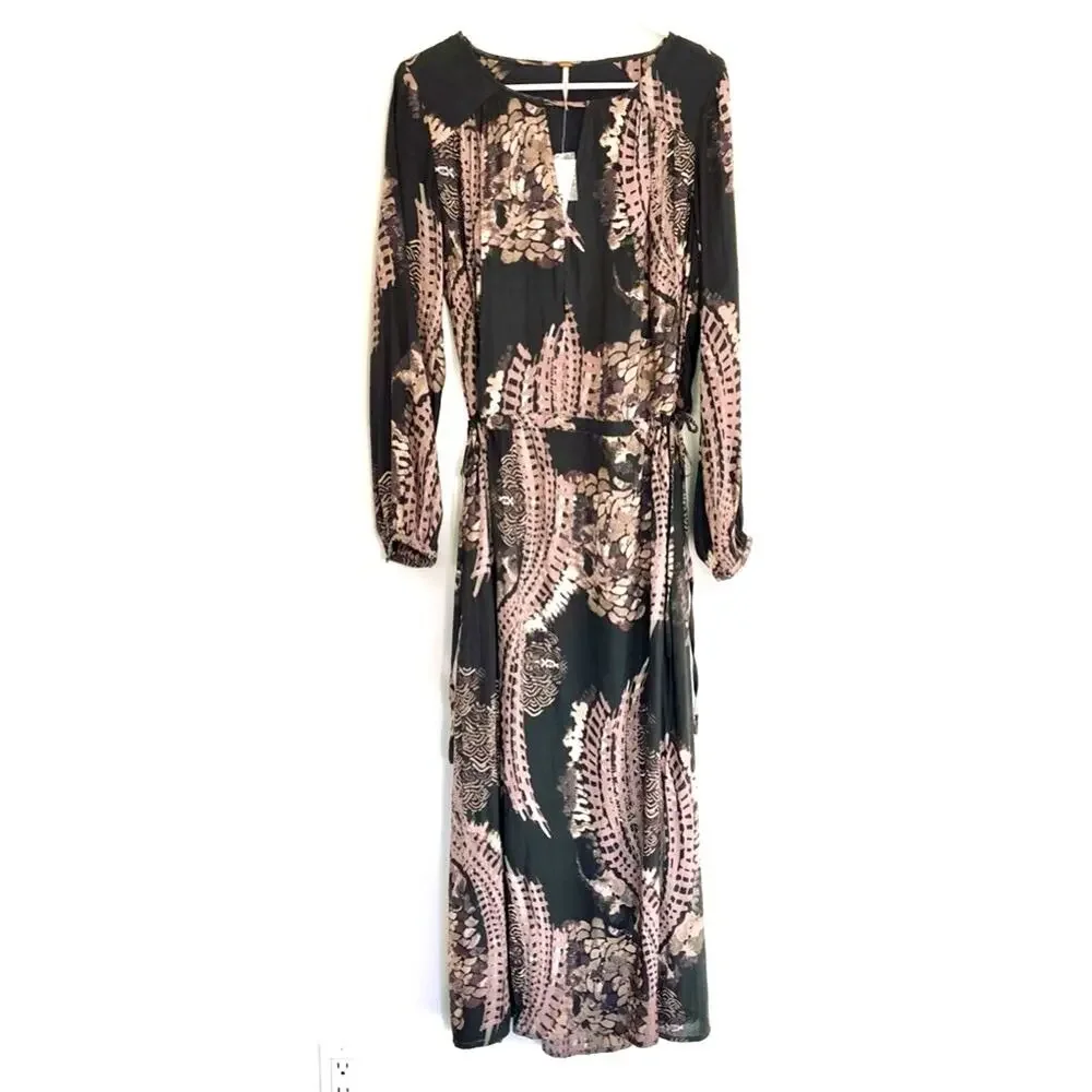FREE PEOPLE Womens Long Sleeve Plunge Neckline Double Slit Maxi Dress Size XS